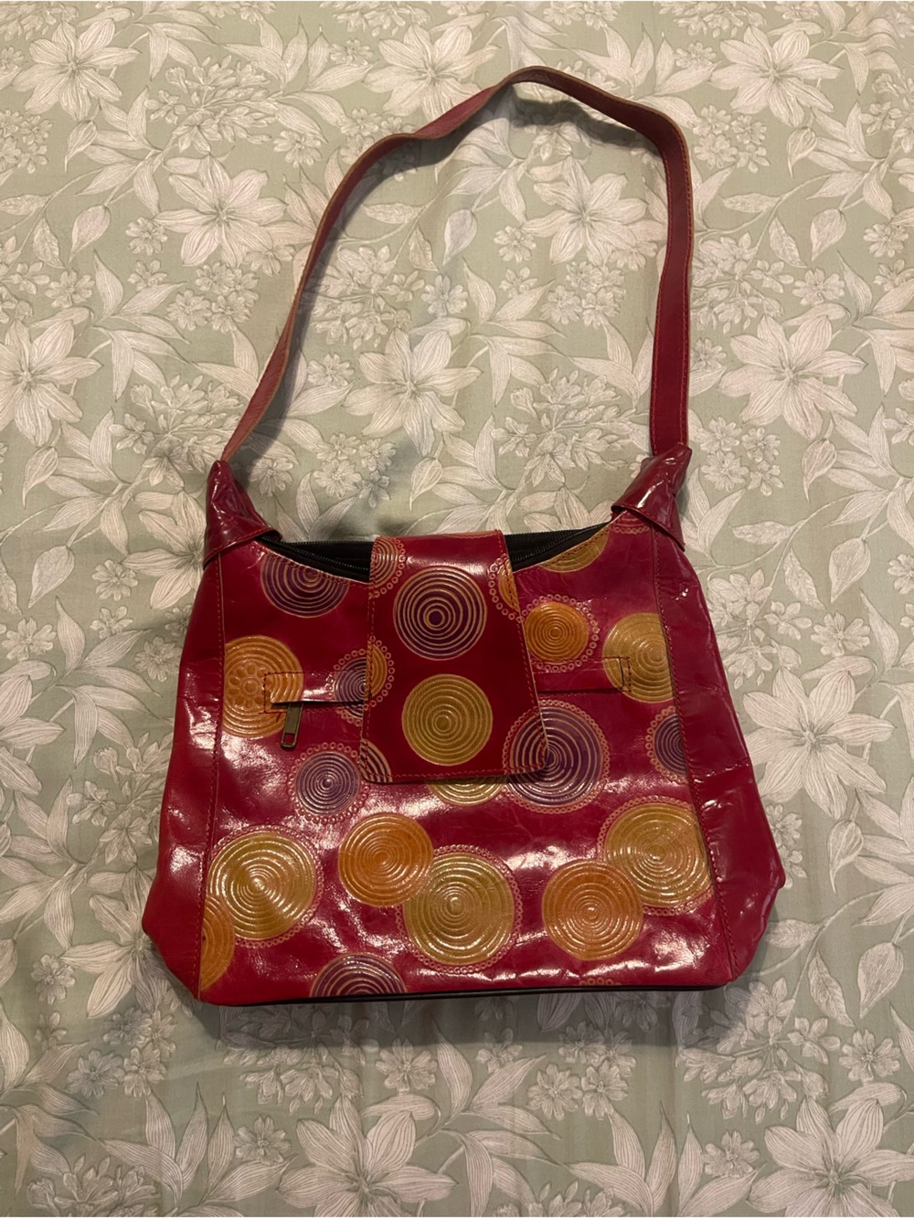 Vintage red leather circle print shoulder bag